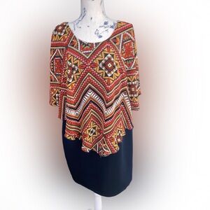 Enfocus Womens Navy Blue Fitted Dress with Asymmetrical Tribal Shrug – 14W – EUC